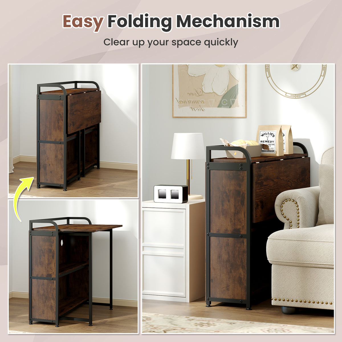 Folding Computer Desk with Stool and Storage Shelves with AC Outlets-Rustic Brown