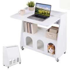 Folding Desk on Wheels with Storage Shelves and Compartments for Small Spaces-White
