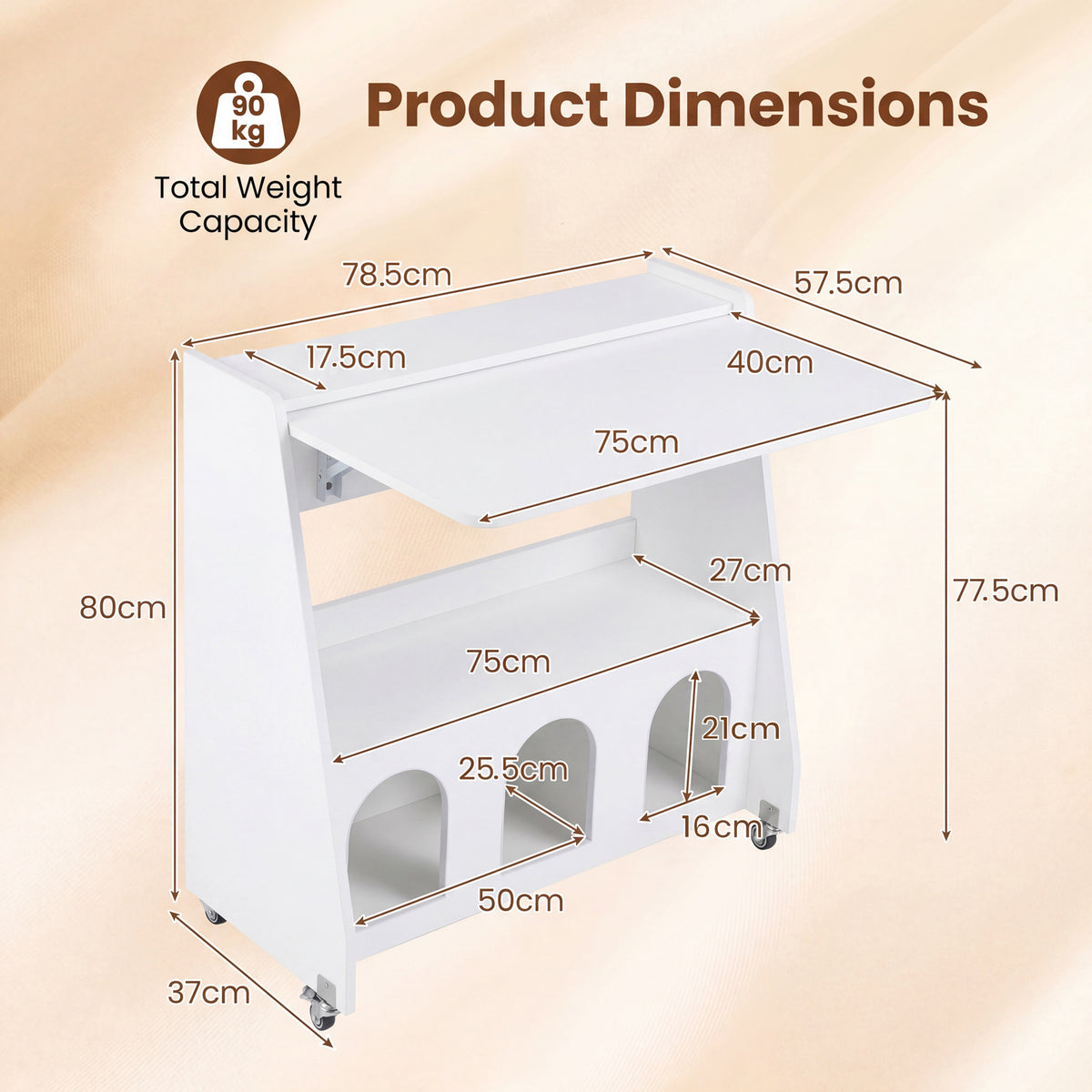 Folding Desk on Wheels with Storage Shelves and Compartments for Small Spaces-White