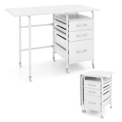 Folding Desk with 3 Drawers Storage & Rolling Wheels for Living Room Space-Saving-White