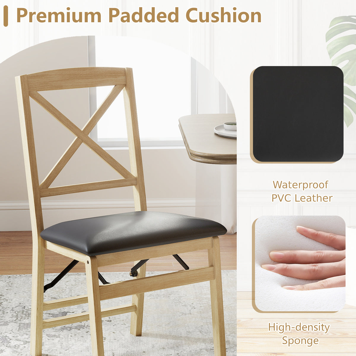 Folding Dining Chairs Set of 2 Kitchen Side Chairs with Padded Seat-Black