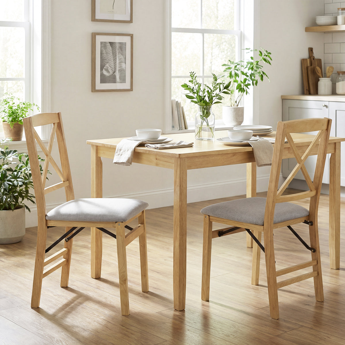 Folding Dining Chairs Set of 2 Kitchen Side Chairs with Padded Seat-Natural