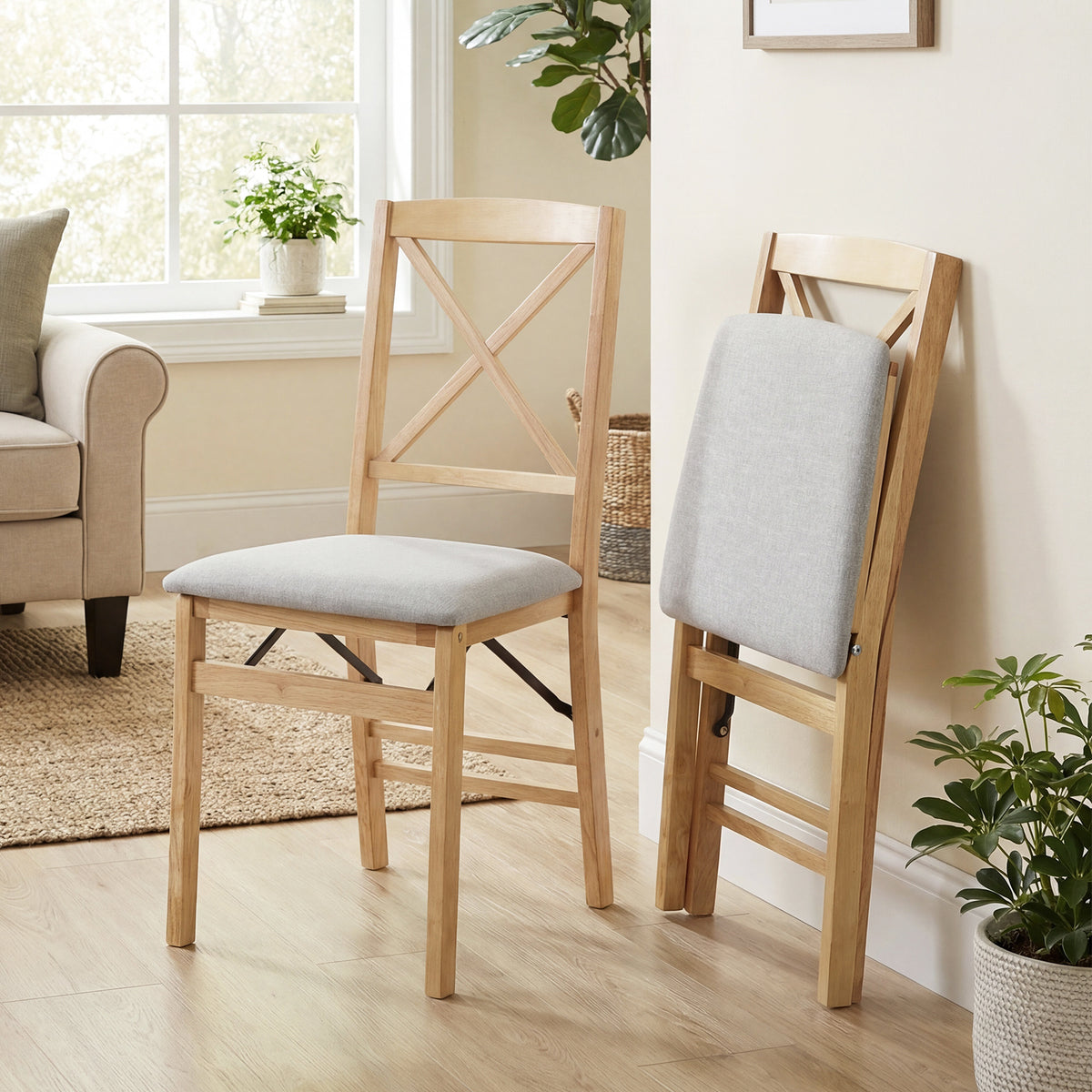 Folding Dining Chairs Set of 2 Kitchen Side Chairs with Padded Seat-Natural