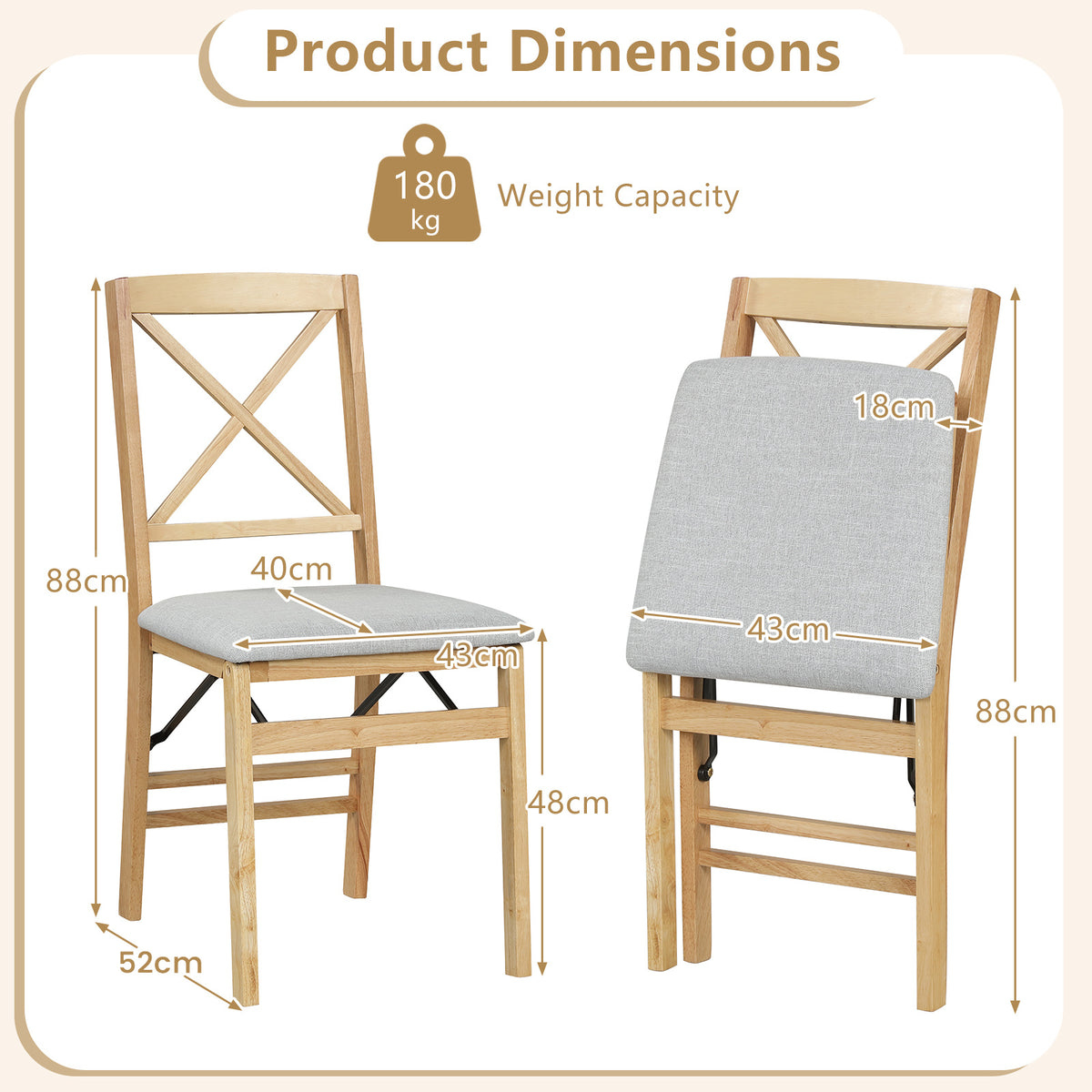 Folding Dining Chairs Set of 2 Kitchen Side Chairs with Padded Seat-Natural