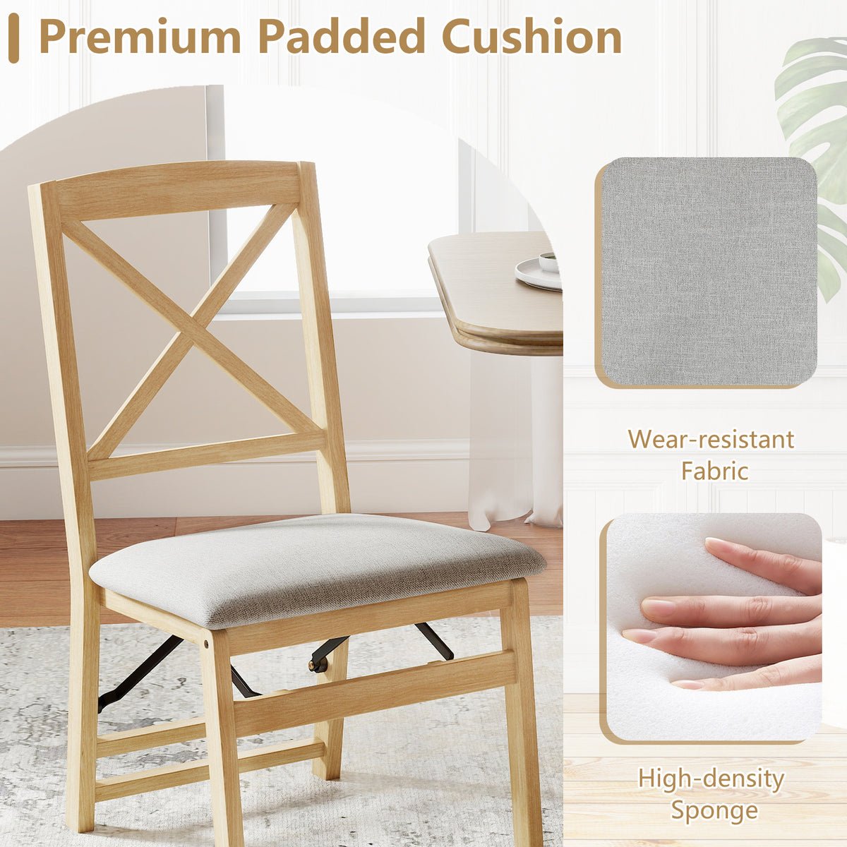Folding Dining Chairs Set of 2 Kitchen Side Chairs with Padded Seat-Natural