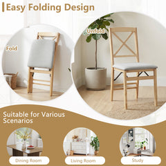 Folding Dining Chairs Set of 2 Kitchen Side Chairs with Padded Seat-Natural