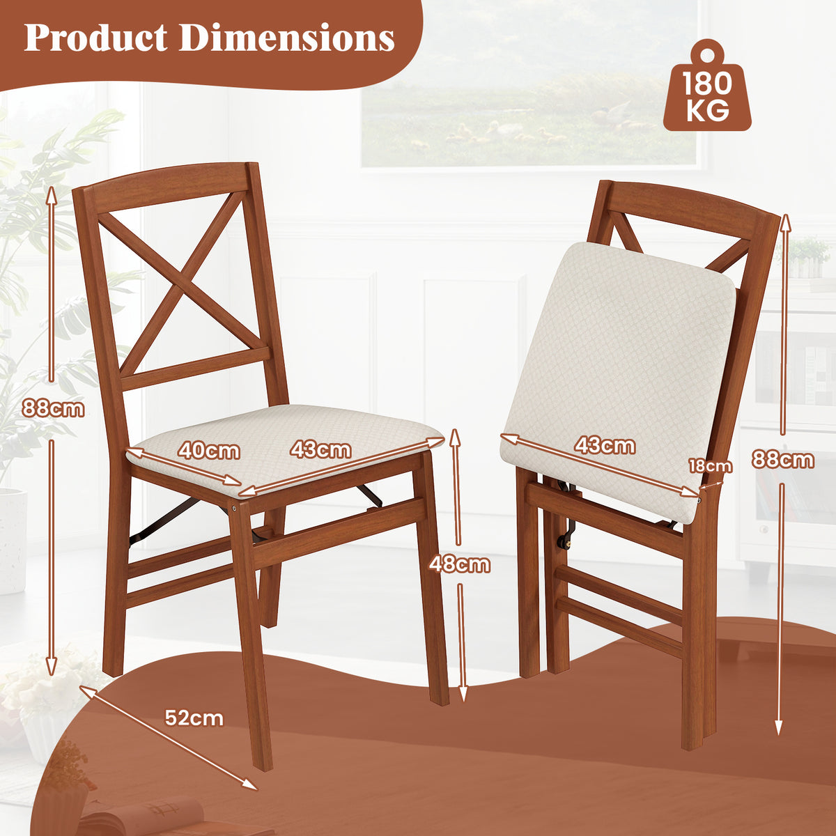 Folding Dining Chairs Set of 2 Kitchen Side Chairs with Padded Seat-Walnut