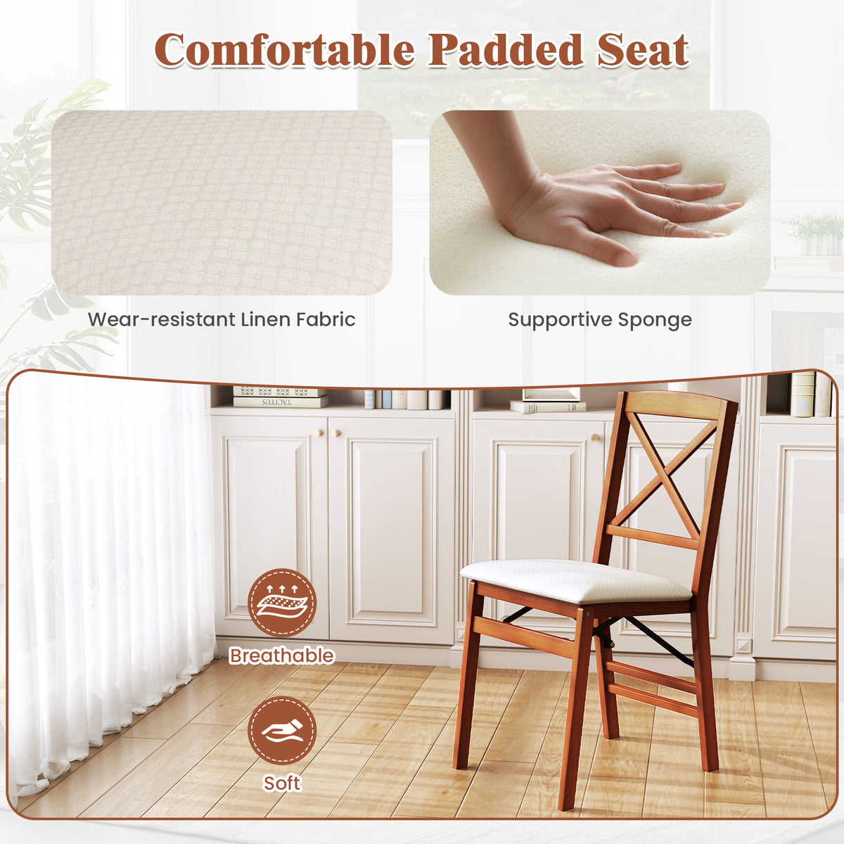 Folding Dining Chairs Set of 2 Kitchen Side Chairs with Padded Seat-Walnut