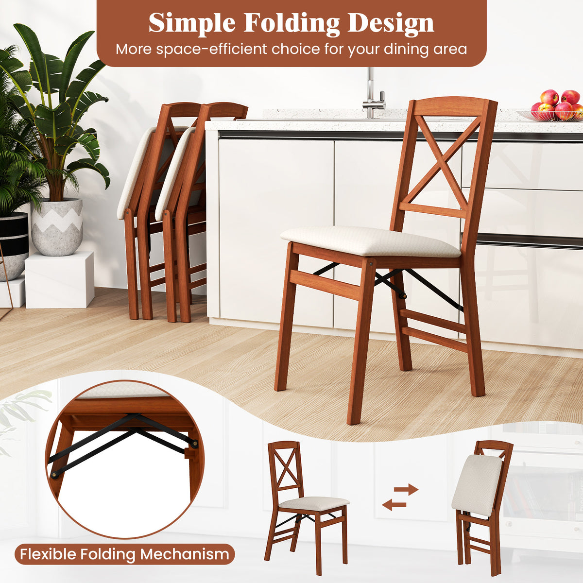 Folding Dining Chairs Set of 2 Kitchen Side Chairs with Padded Seat-Walnut