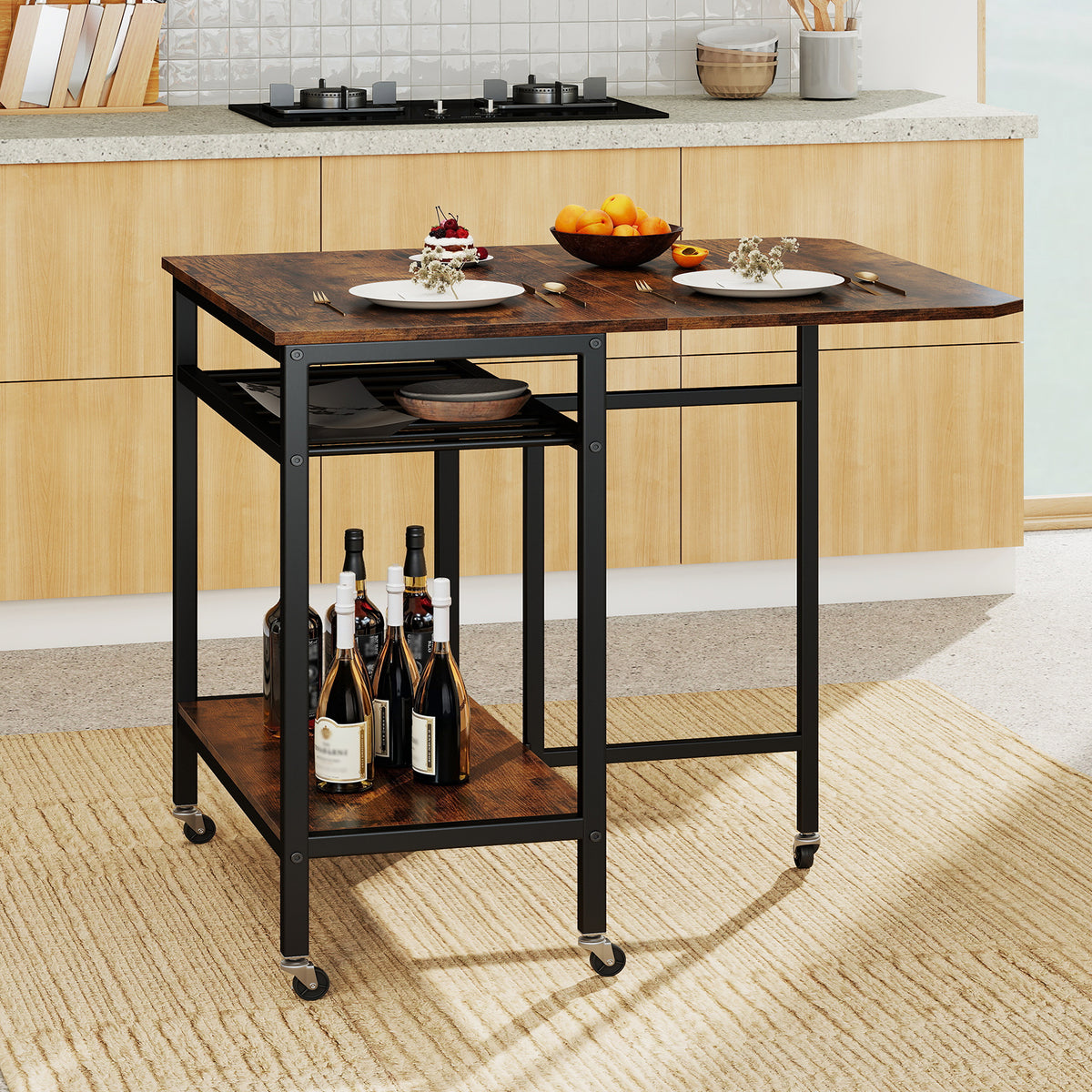 Folding Dining Table Movable Kitchen Table with Wine Rack Storage Shelf and Wheels-Rustic Brown
