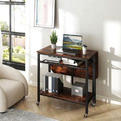 Folding Dining Table Movable Kitchen Table with Wine Rack Storage Shelf and Wheels-Rustic Brown