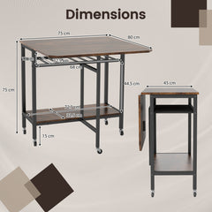 Folding Dining Table Movable Kitchen Table with Wine Rack Storage Shelf and Wheels-Rustic Brown
