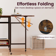 Folding Dining Table Movable Kitchen Table with Wine Rack Storage Shelf and Wheels-Rustic Brown