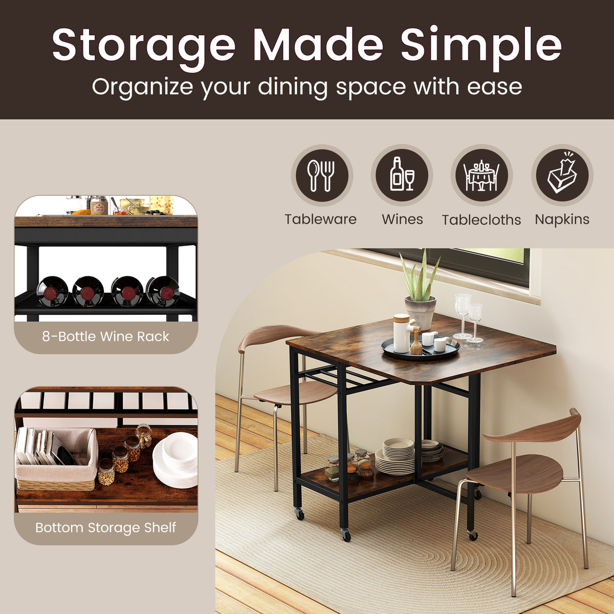 Folding Dining Table Movable Kitchen Table with Wine Rack Storage Shelf and Wheels-Rustic Brown