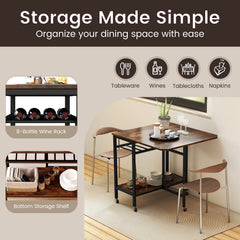 Folding Dining Table Movable Kitchen Table with Wine Rack Storage Shelf and Wheels-Rustic Brown