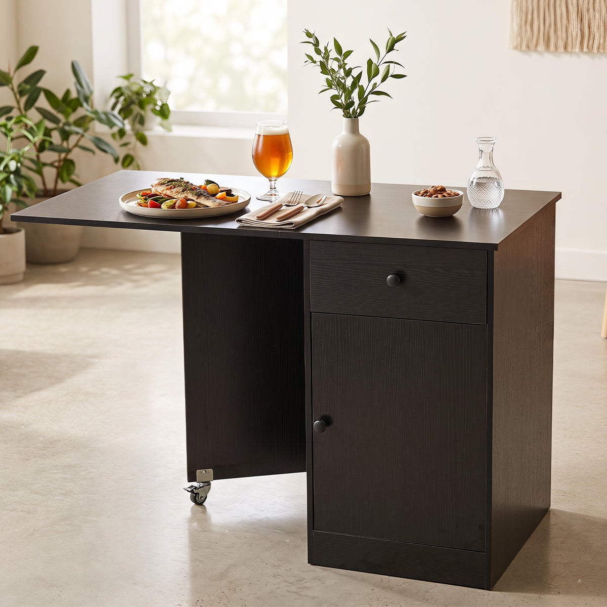 Folding Dining Table with Drawer & Storage Cabinet for Dining Room Living Room-Black