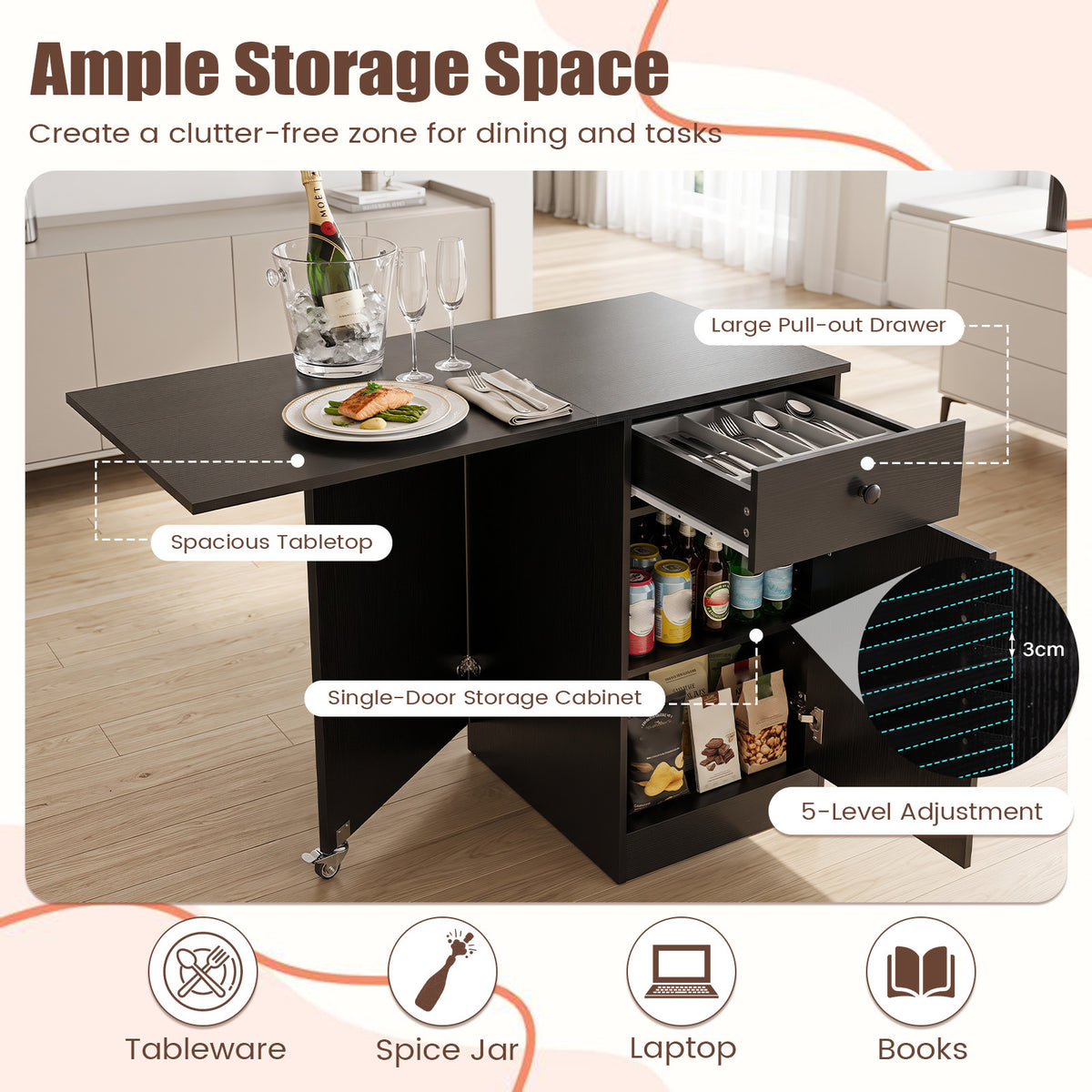 Folding Dining Table with Drawer & Storage Cabinet for Dining Room Living Room-Black