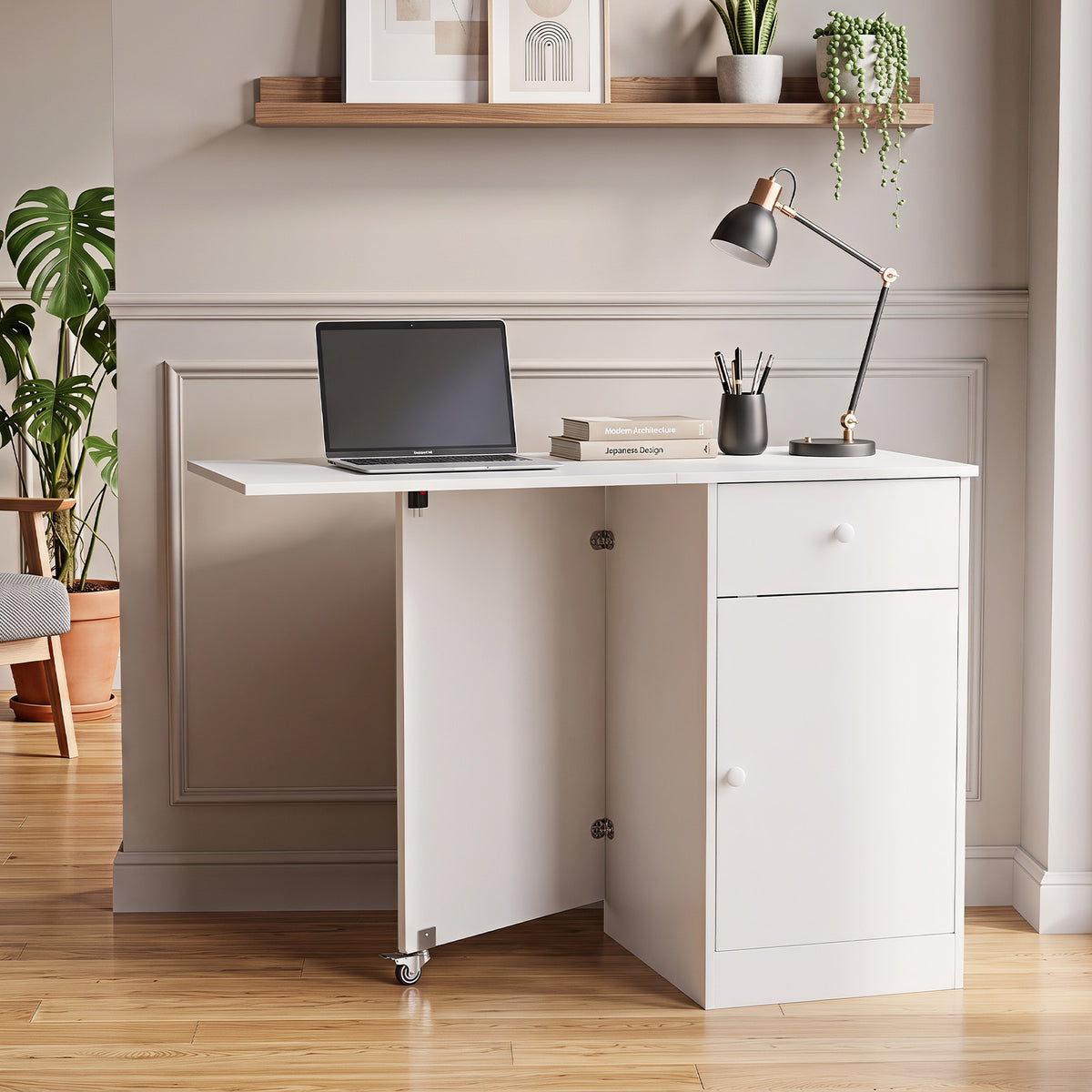 Folding Dining Table with Drawer & Storage Cabinet for Dining Room Living Room-White