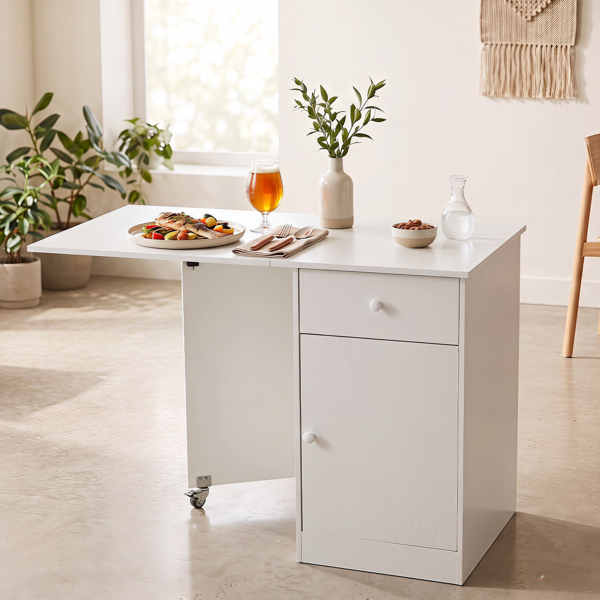 Folding Dining Table with Drawer & Storage Cabinet for Dining Room Living Room-White