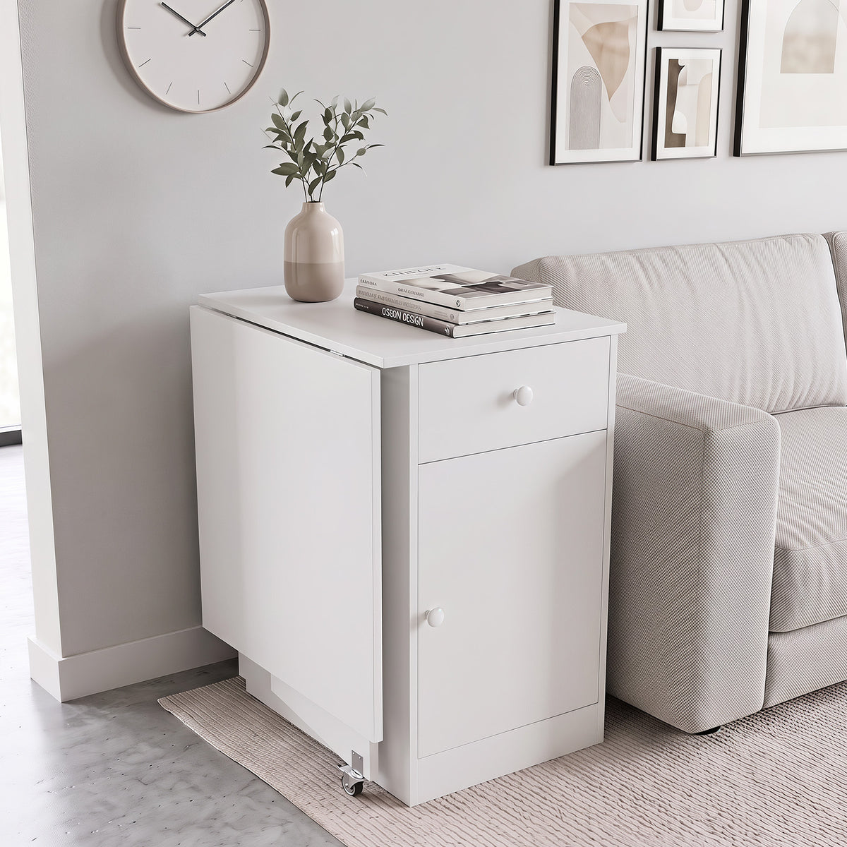 Folding Dining Table with Drawer & Storage Cabinet for Dining Room Living Room-White