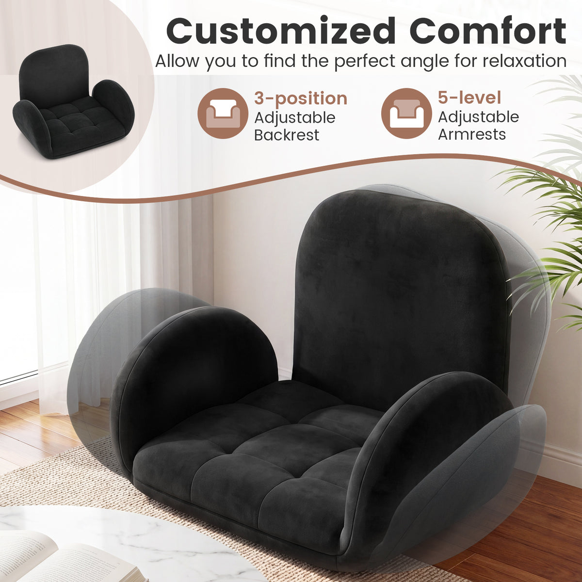 Folding Floor Game Chair with Adjustable Backrest for Adults-Black