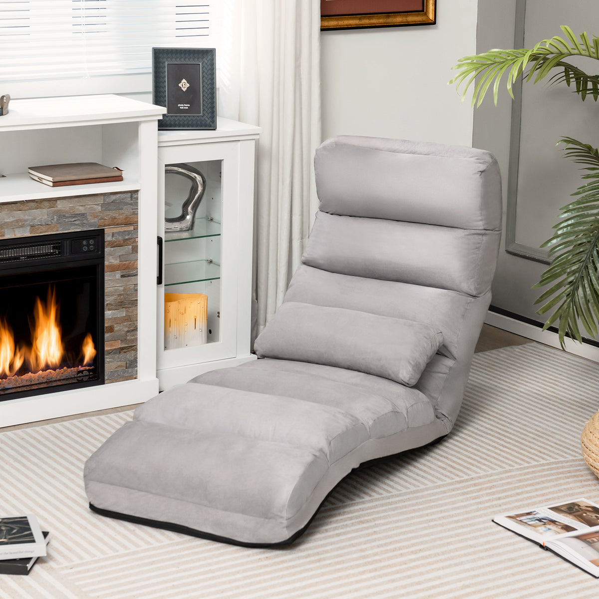 Folding Floor Lazy Sofa Chaise Lounge Sofa with Pillow-Grey