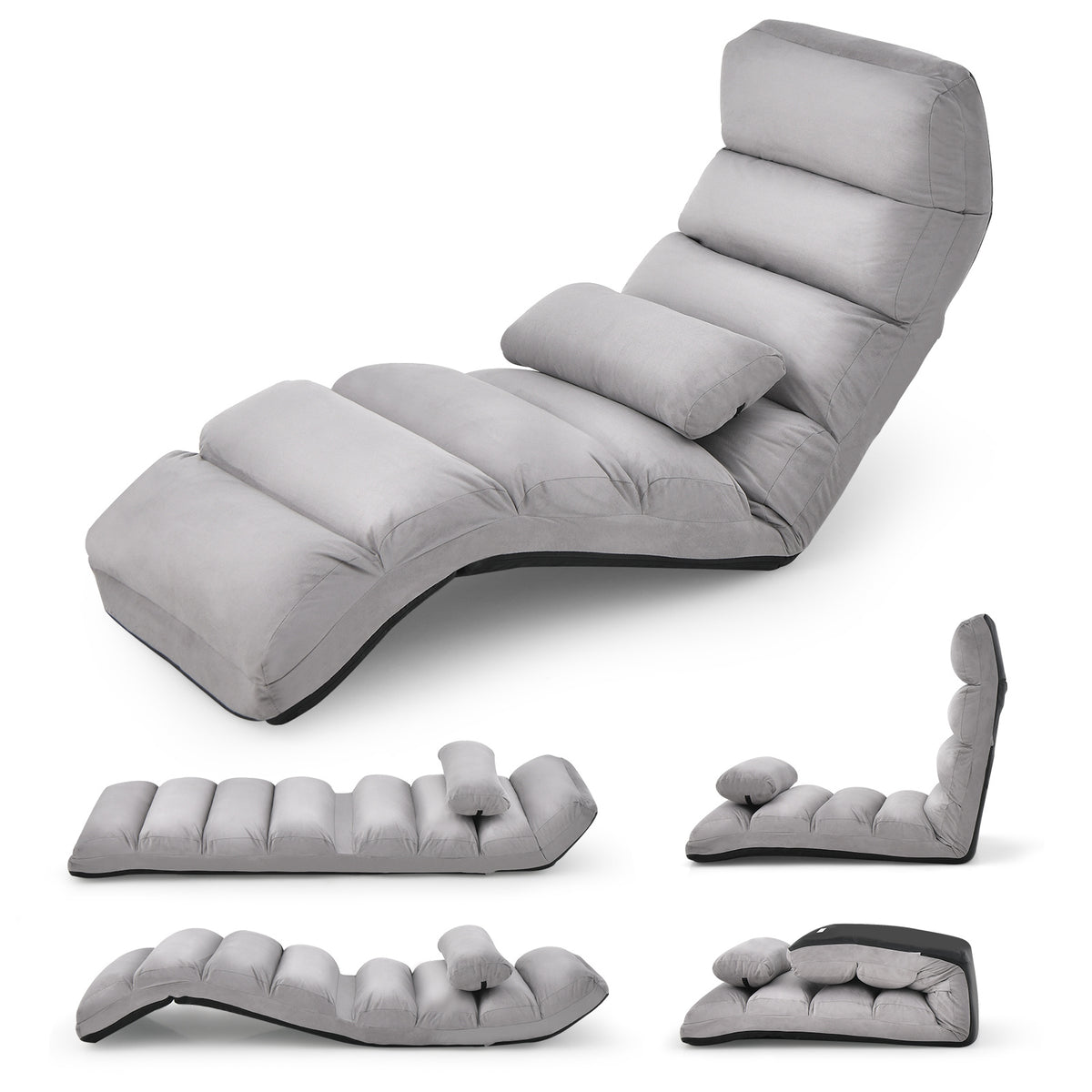 Folding Floor Lazy Sofa Chaise Lounge Sofa with Pillow-Grey