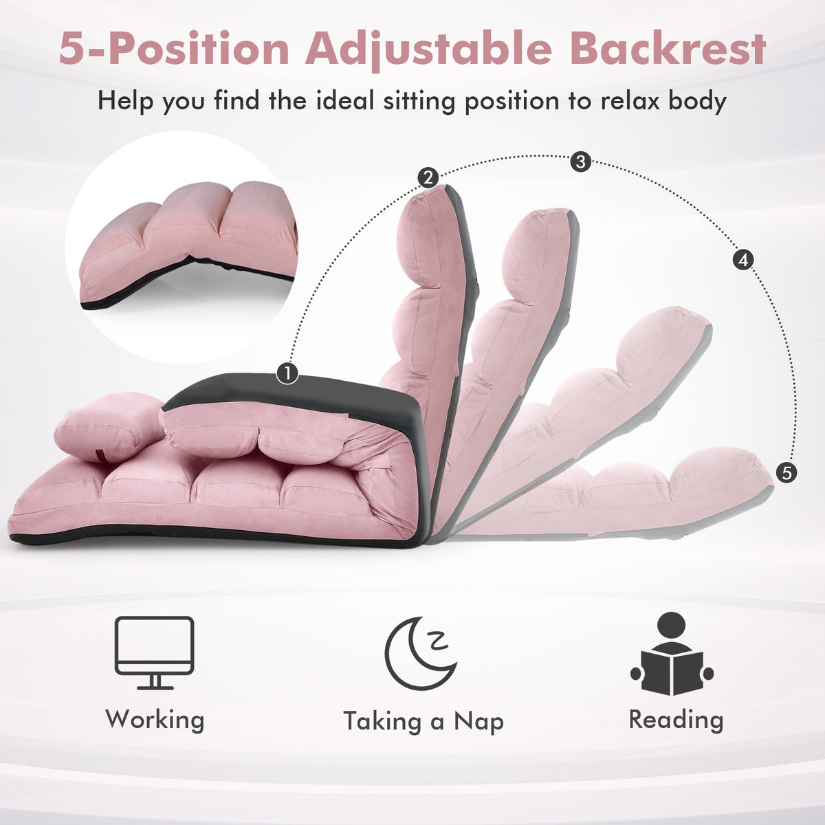 Folding Floor Lazy Sofa Chaise Lounge Sofa with Pillow-Pink