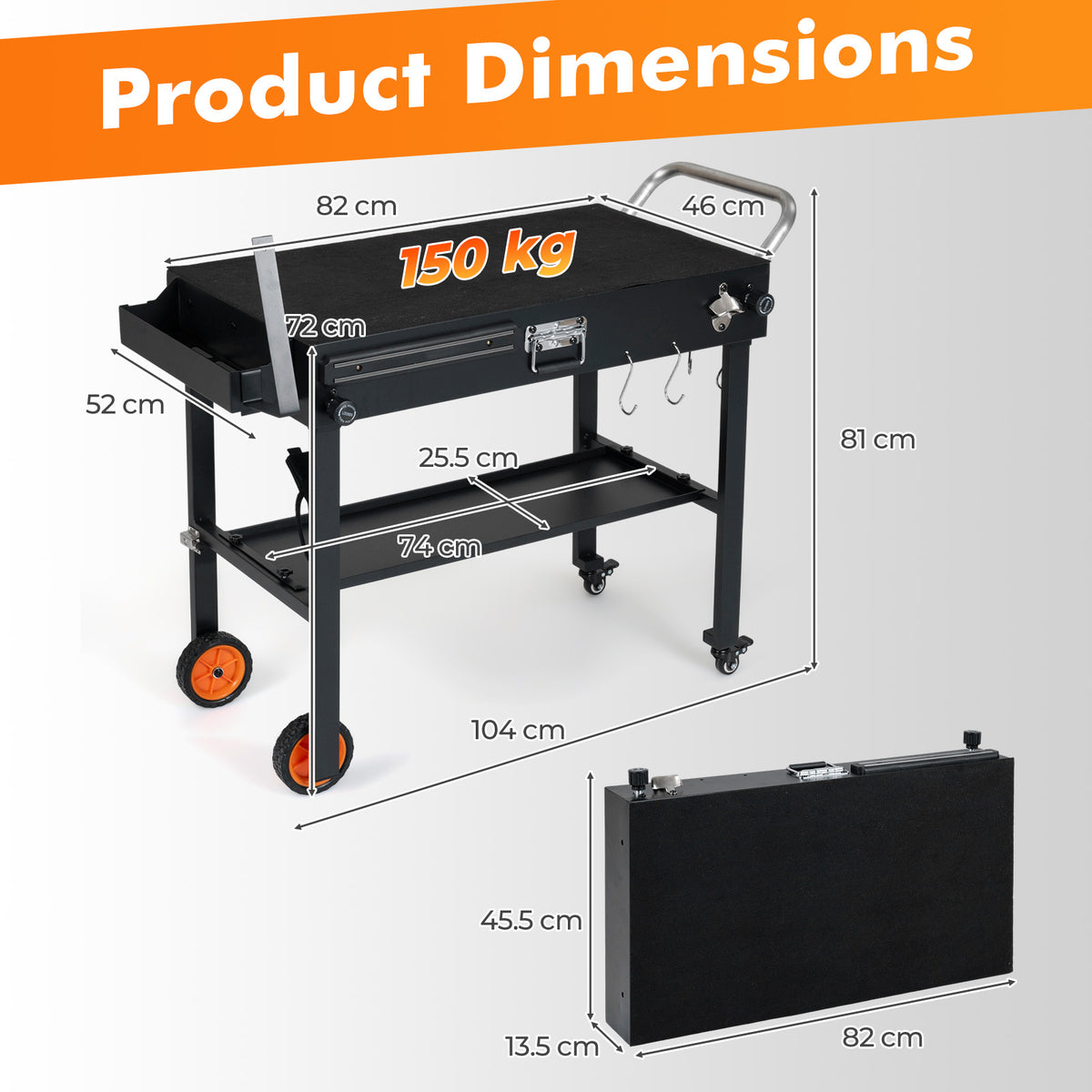 Folding Grill Cart with Heat-Resistant Mat and Lockable Wheels