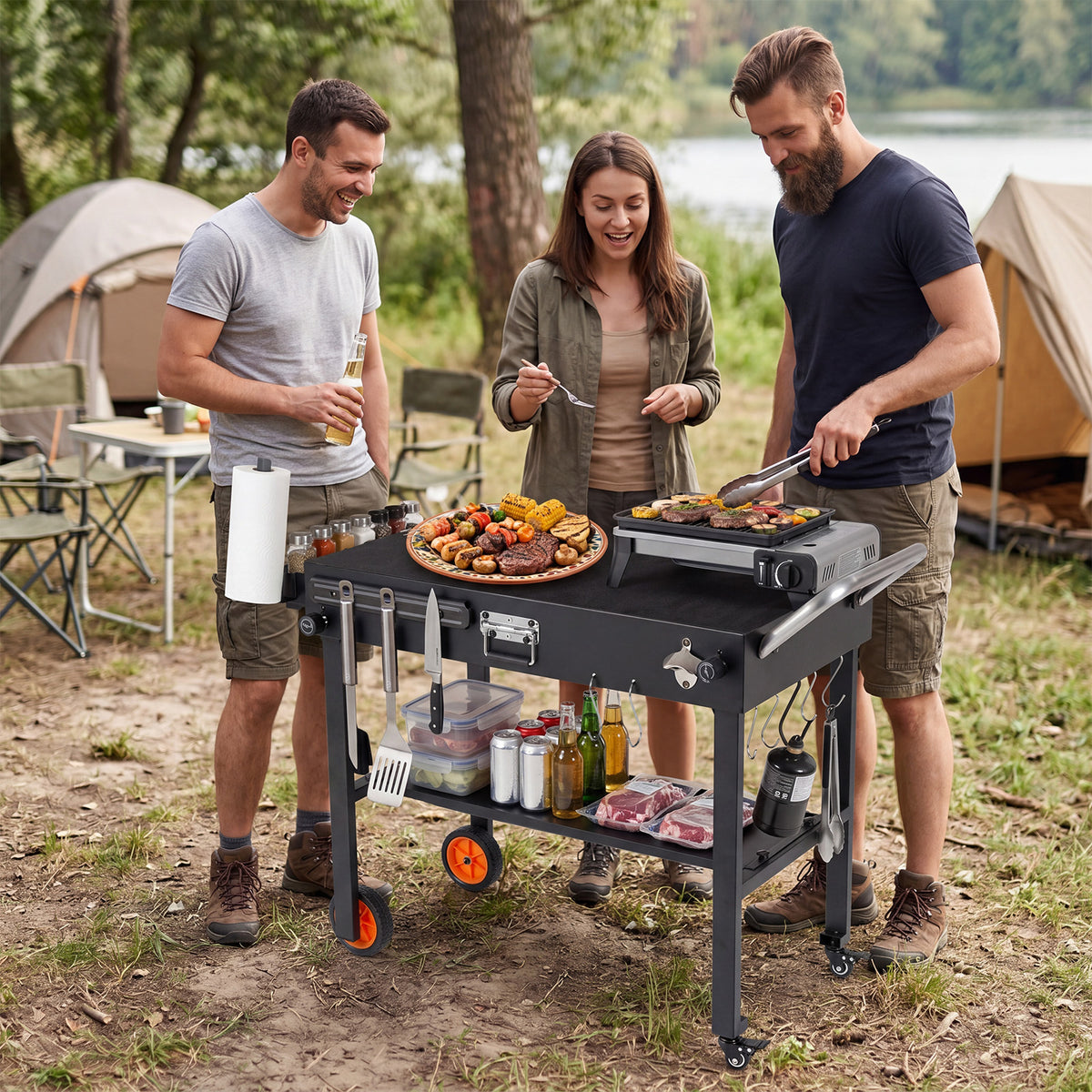 Folding Grill Cart with Heat-Resistant Mat and Lockable Wheels