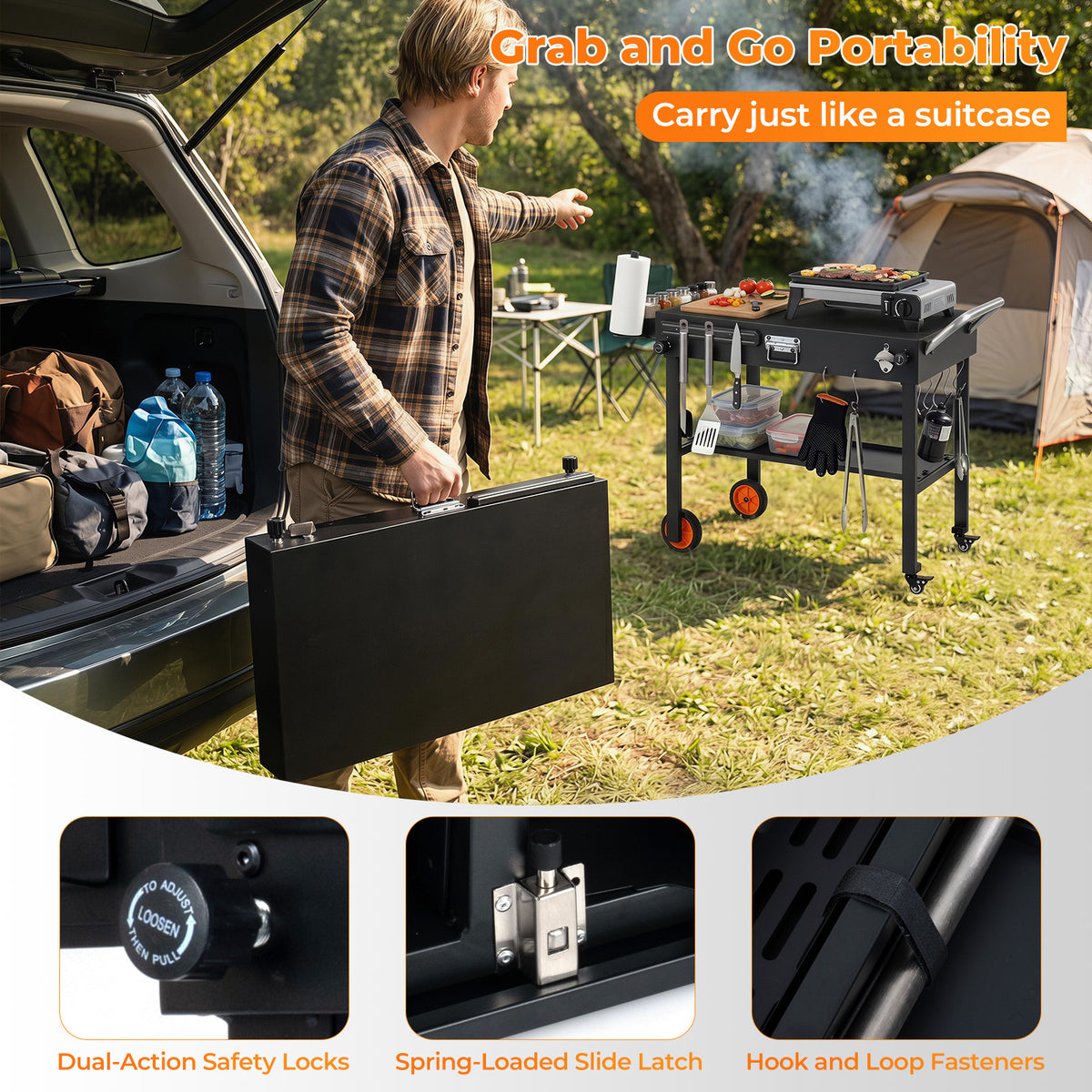 Folding Grill Cart with Heat-Resistant Mat and Lockable Wheels