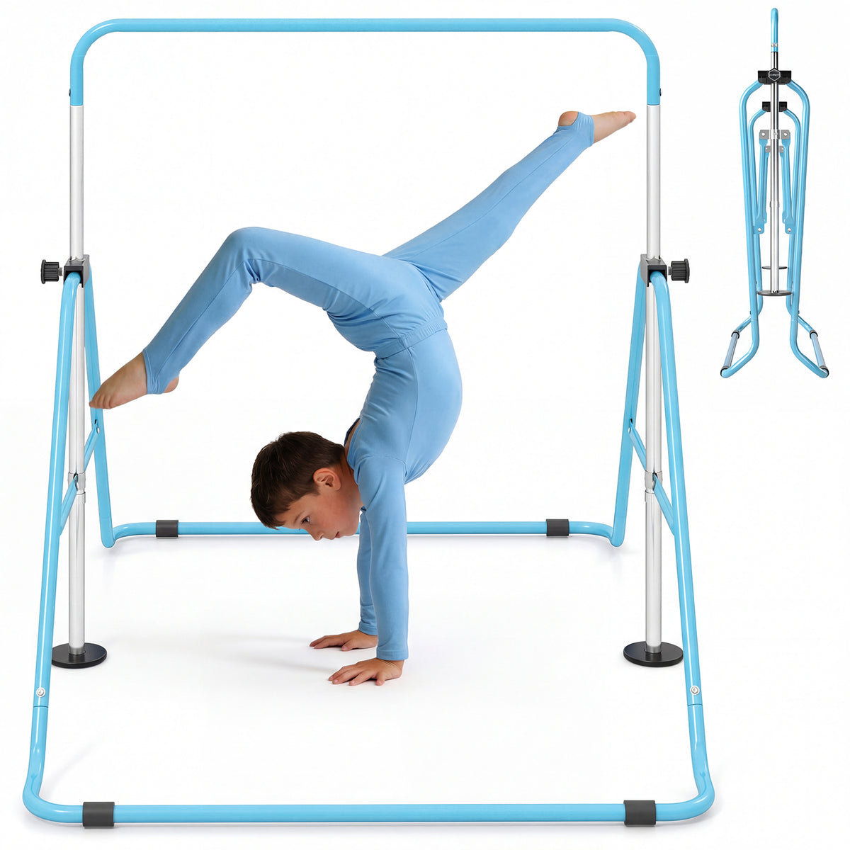 Folding Gymnastics Bar for Kids Height Adjustable Horizontal Kip Training Bar-Blue