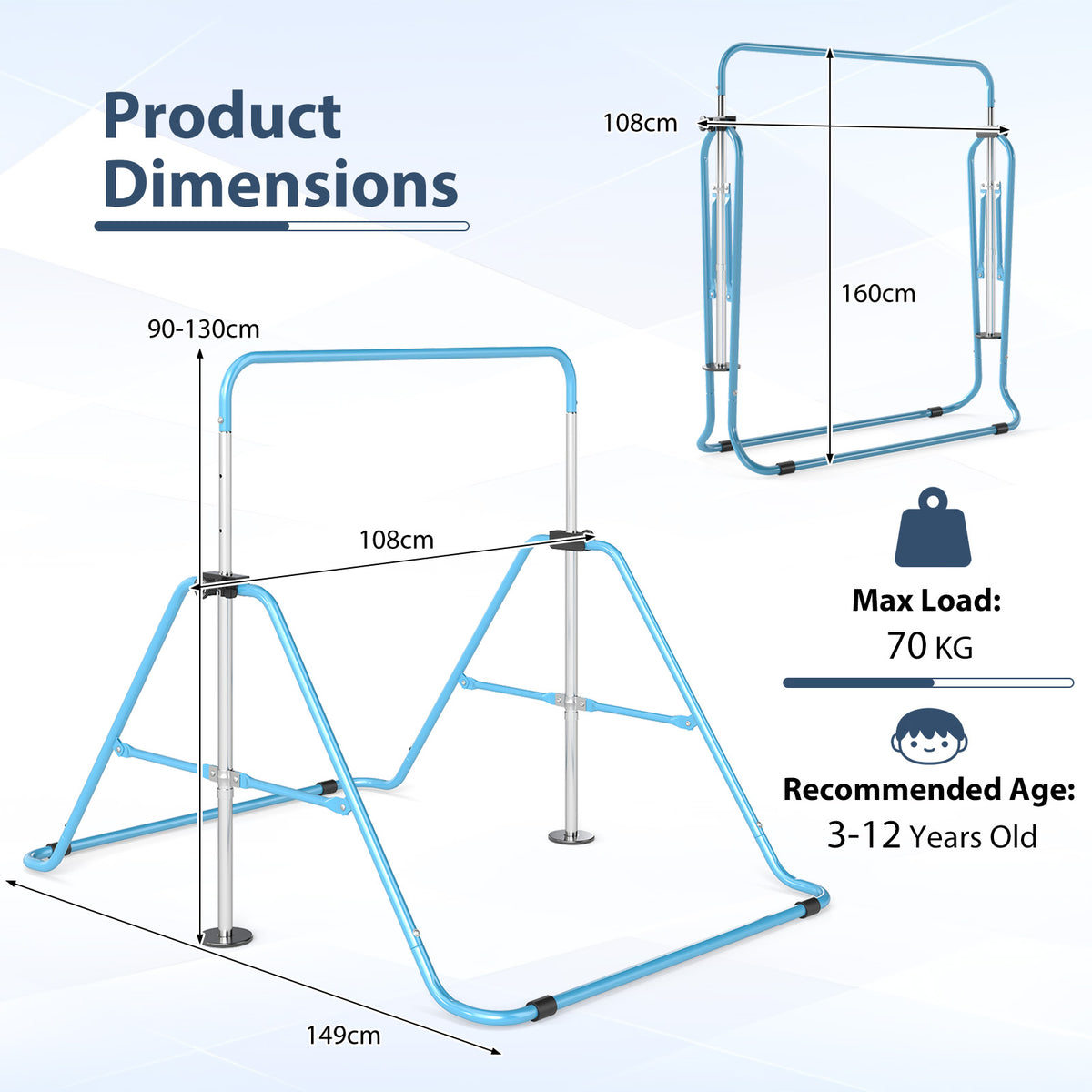 Folding Gymnastics Bar for Kids Height Adjustable Horizontal Kip Training Bar-Blue