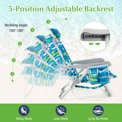 Folding Lay Flat Beach Chair with 5-Position Backrest-Blue & Green