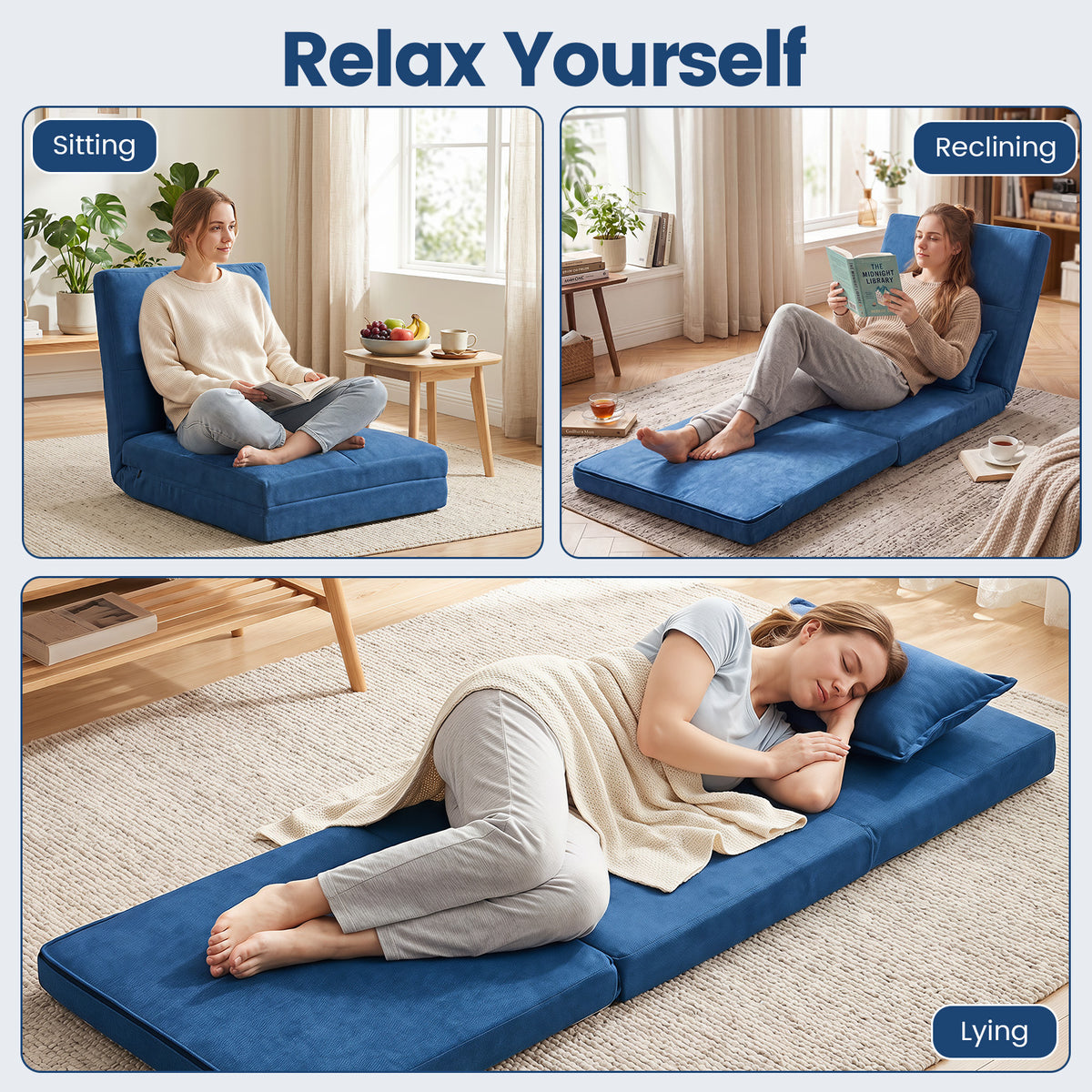 Folding Lazy Floor Sofa Bed with Pillow-Navy