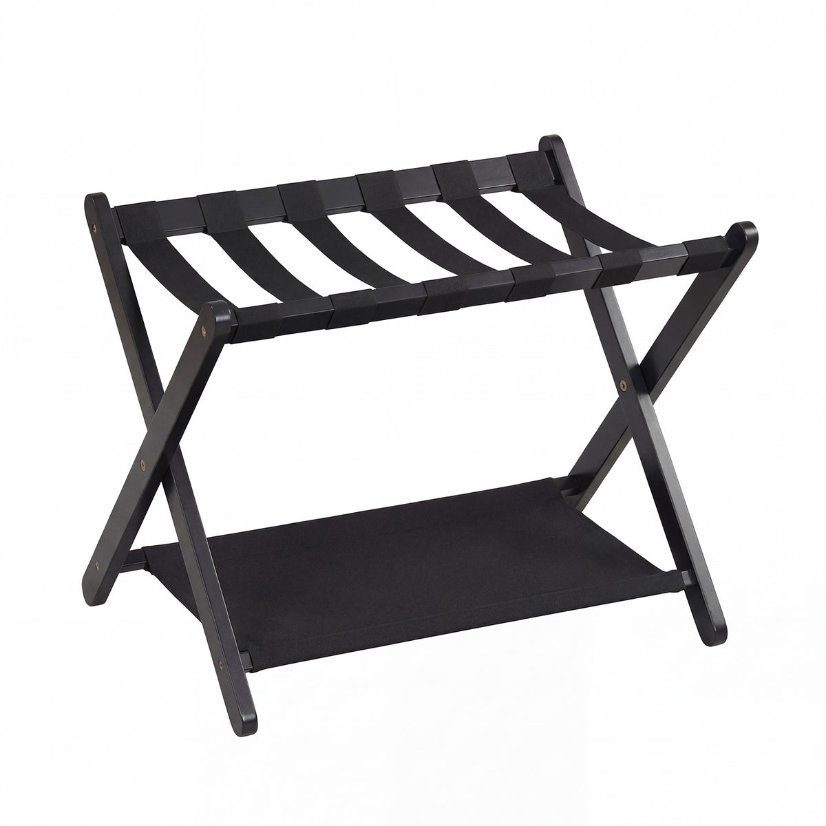 Folding Luggage Rack Solid Rubberwood Suitcase Stand with Nylon Shelves-Black