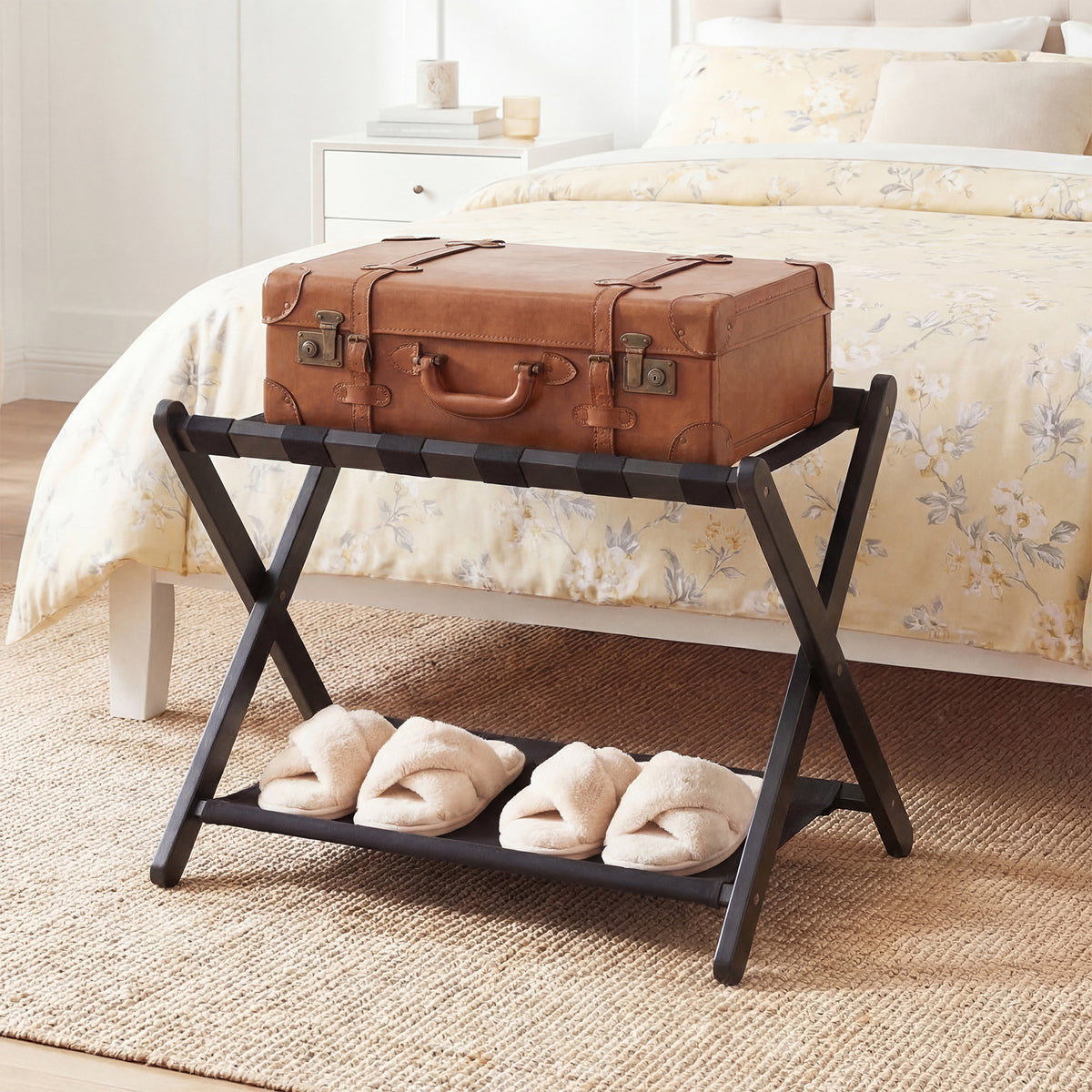 Folding Luggage Rack Solid Rubberwood Suitcase Stand with Nylon Shelves-Black