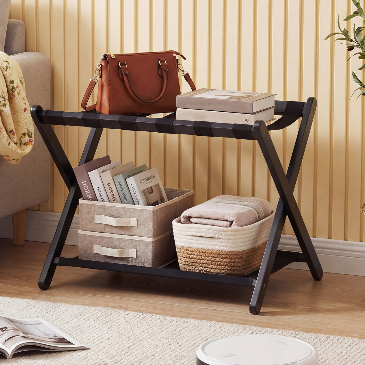 Folding Luggage Rack Solid Rubberwood Suitcase Stand with Nylon Shelves-Black