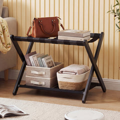 Folding Luggage Rack Solid Rubberwood Suitcase Stand with Nylon Shelves-Black