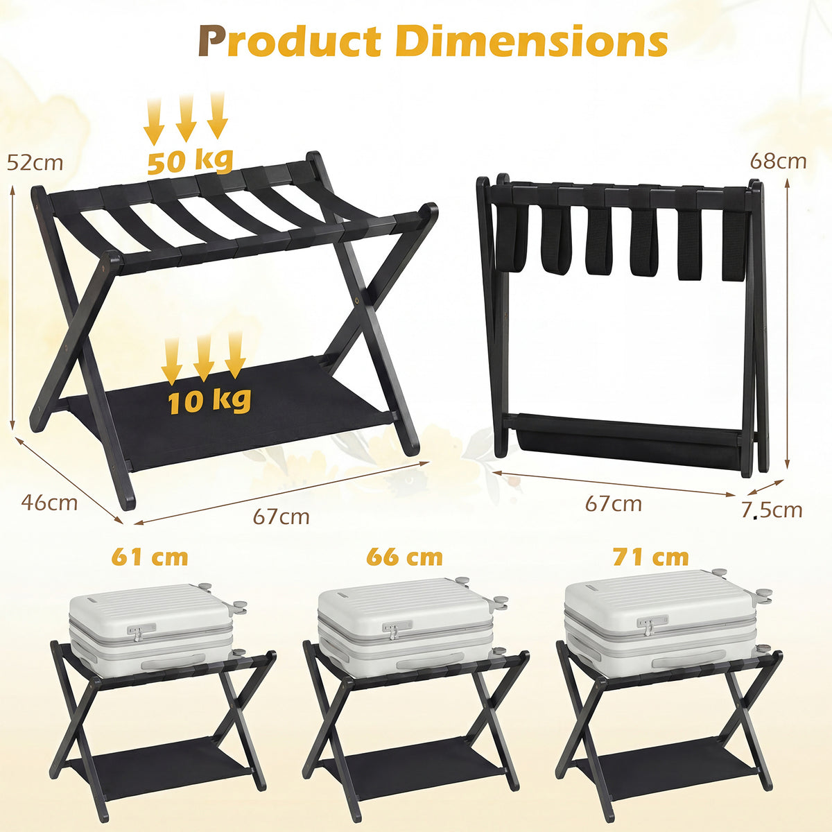Folding Luggage Rack Solid Rubberwood Suitcase Stand with Nylon Shelves-Black