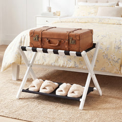 Folding Luggage Rack Solid Rubberwood Suitcase Stand with Nylon Shelves-White