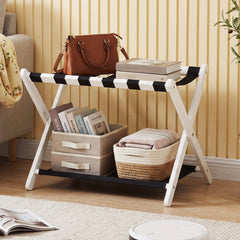 Folding Luggage Rack Solid Rubberwood Suitcase Stand with Nylon Shelves-White