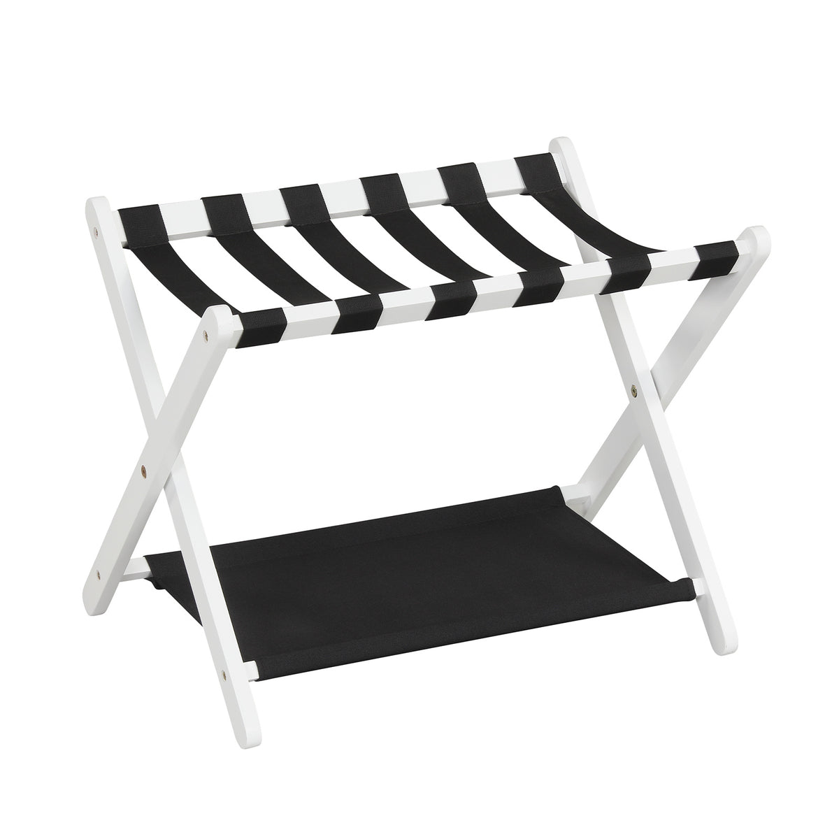 Folding Luggage Rack Solid Rubberwood Suitcase Stand with Nylon Shelves-White