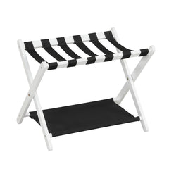 Folding Luggage Rack Solid Rubberwood Suitcase Stand with Nylon Shelves-White