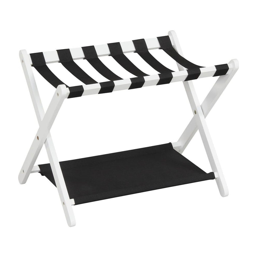 Folding Luggage Rack Solid Rubberwood Suitcase Stand with white frame and black straps