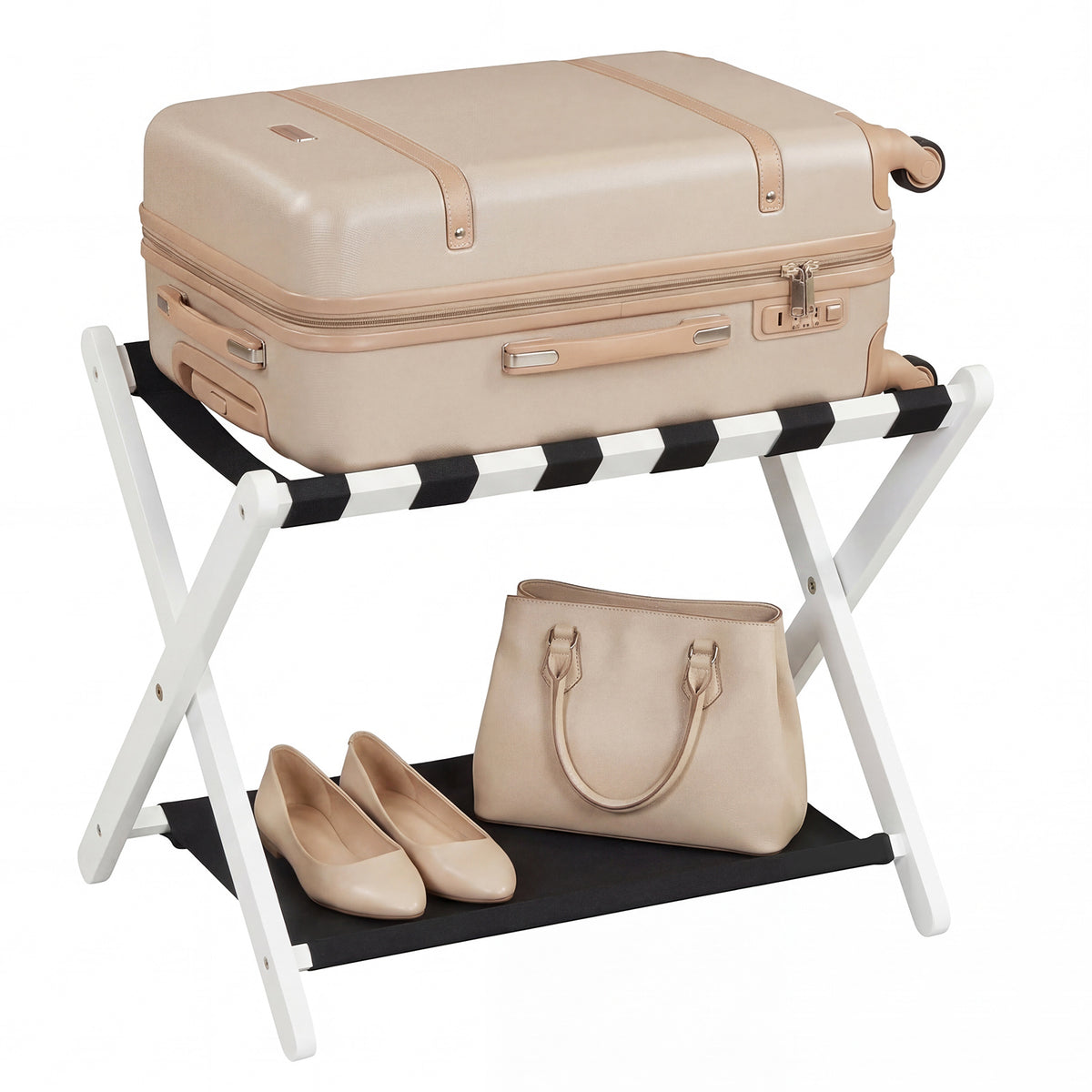 Folding Luggage Rack Solid Rubberwood Suitcase Stand with Nylon Shelves-White