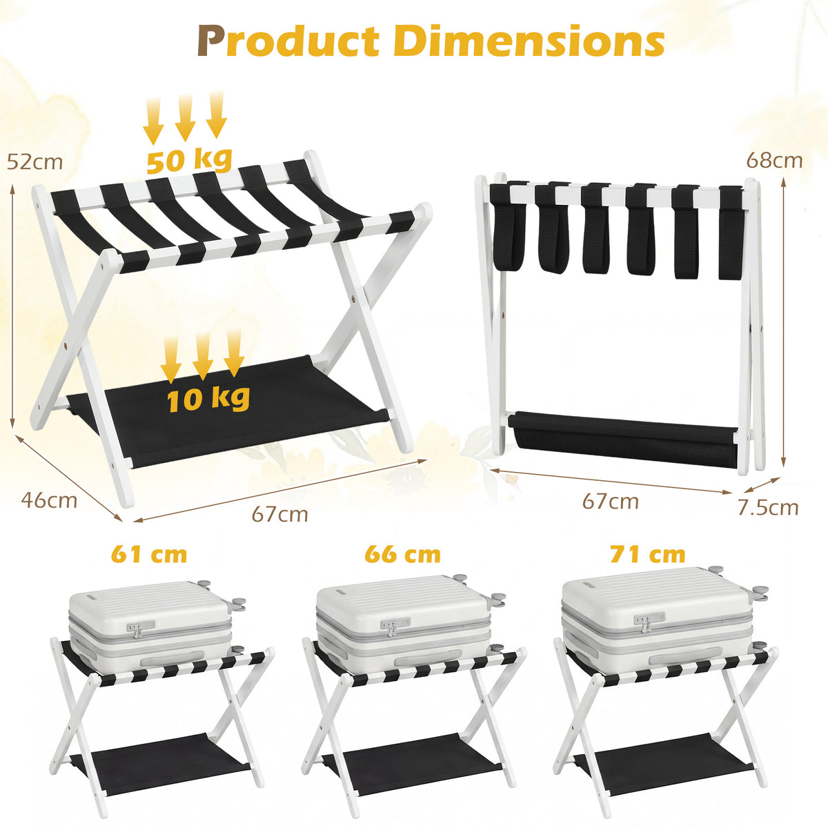 Folding Luggage Rack Solid Rubberwood Suitcase Stand with Nylon Shelves-White