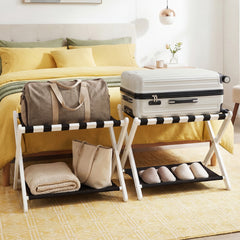 Folding Luggage Rack Solid Rubberwood Suitcase Stand with Nylon Shelves-White