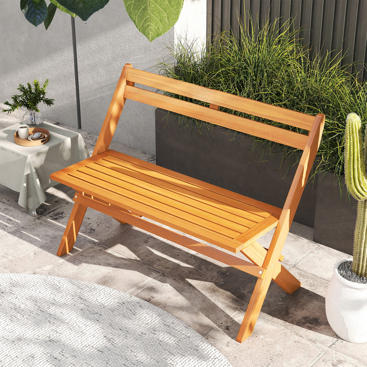 Folding Outdoor Bench for 2 People with Slanted Backrest Slatted Seat