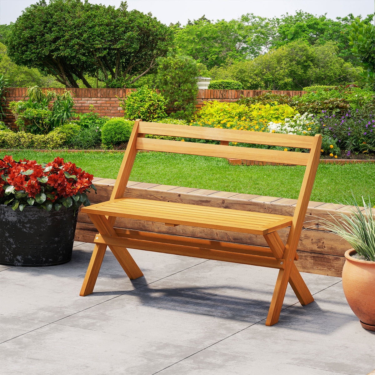 Folding Outdoor Bench for 2 People with Slanted Backrest Slatted Seat